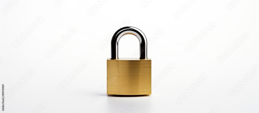 A padlock is captured in a copy space image against a plain white backdrop A padlock is captured in a copy space image against a plain white backdrop