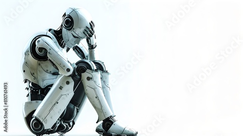 Contemplative Robot Seated in Solitude, Modern Technology Concept. Clean, Minimalist Style with Copy Space. Futuristic AI Robot. AI