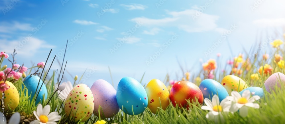 A sunny spring day with colorful Easter eggs adorned with feathers copy space image