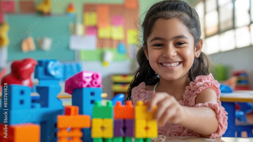 A Smiling Little Girl Playing with Colorful Bricks Fictional Character Created By Generative AI. A Smiling Little Girl Playing with Colorful Bricks Fictional Character Created By Generative AI.