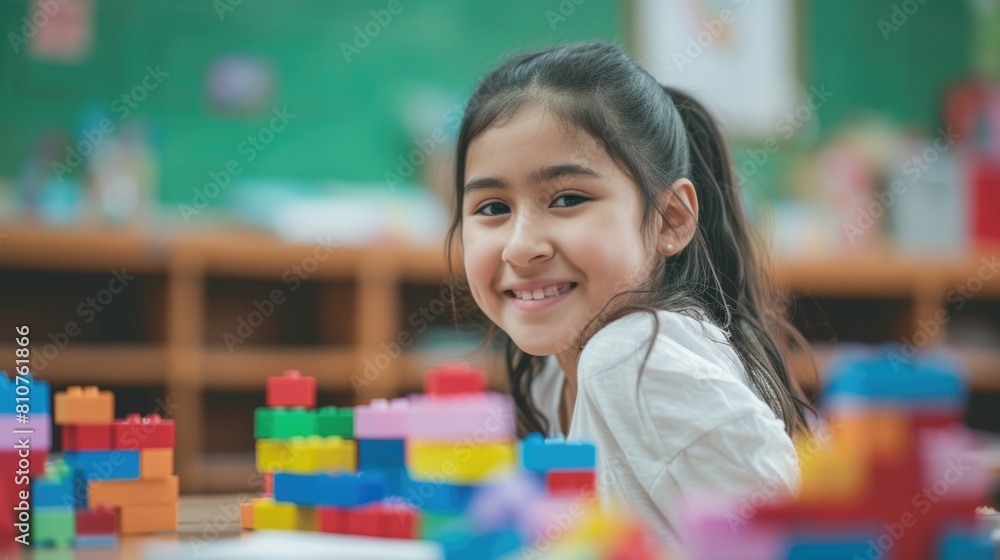 Happy little girl posing and smiling next to a colorful structure Fictional Character Created By Generative AI. Happy little girl posing and smiling next to a colorful structure Fictional Character Created By Generative AI.