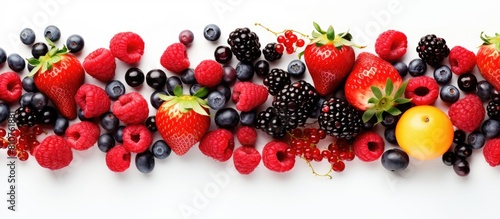 Top view of a variety of ripe berries and fruits including mulberries currants raspberries cherries and strawberries isolated on a white background The image provides ample copy space for text