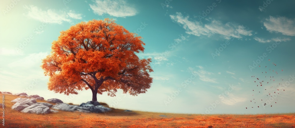 An autumn landscape with an orange tree is depicted in the image with ample space for writing or graphics An autumn landscape with an orange tree is depicted in the image with ample space for writing or graphics