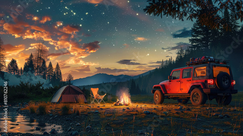 beautiful sunset camp site red jeep 