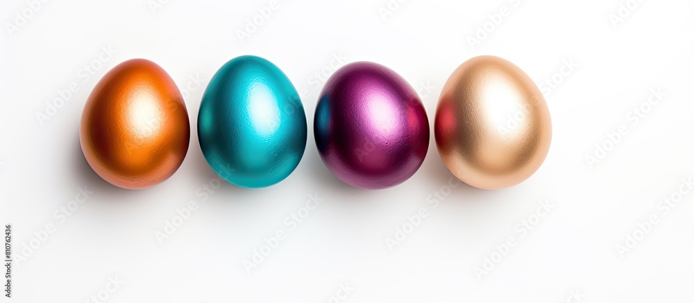 A top view copy space image displays five Easter eggs of various colors placed on a white background