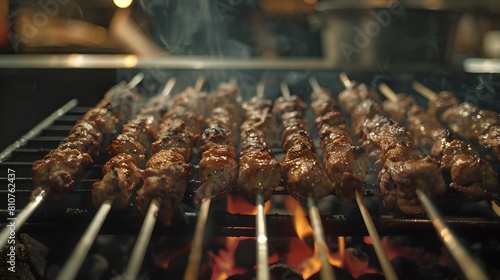 Juicy skewered meat grilling over open flames, a close-up of barbecue, depicting the essence of outdoor cooking. Delicious BBQ scene. AI