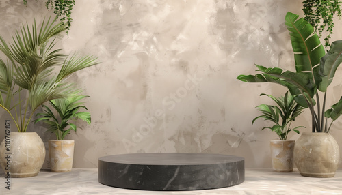 Dark grey cylindric podium for product placement, beige background with plants and sunlight