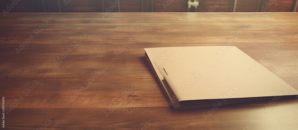 Fototapeta premium A vintage folder with a blank label sits on a wooden table offering ample copy space for documents