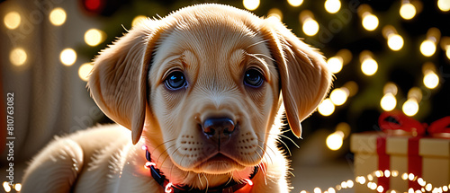 Cute close-up of a Labrador puppy portrait surounded by festive fairy lights at christmas photo