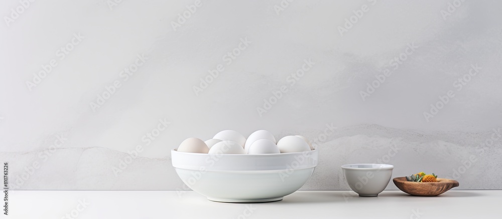 A copy space image featuring a bowl of white eggs placed on a pristine white granite countertop A copy space image featuring a bowl of white eggs placed on a pristine white granite countertop