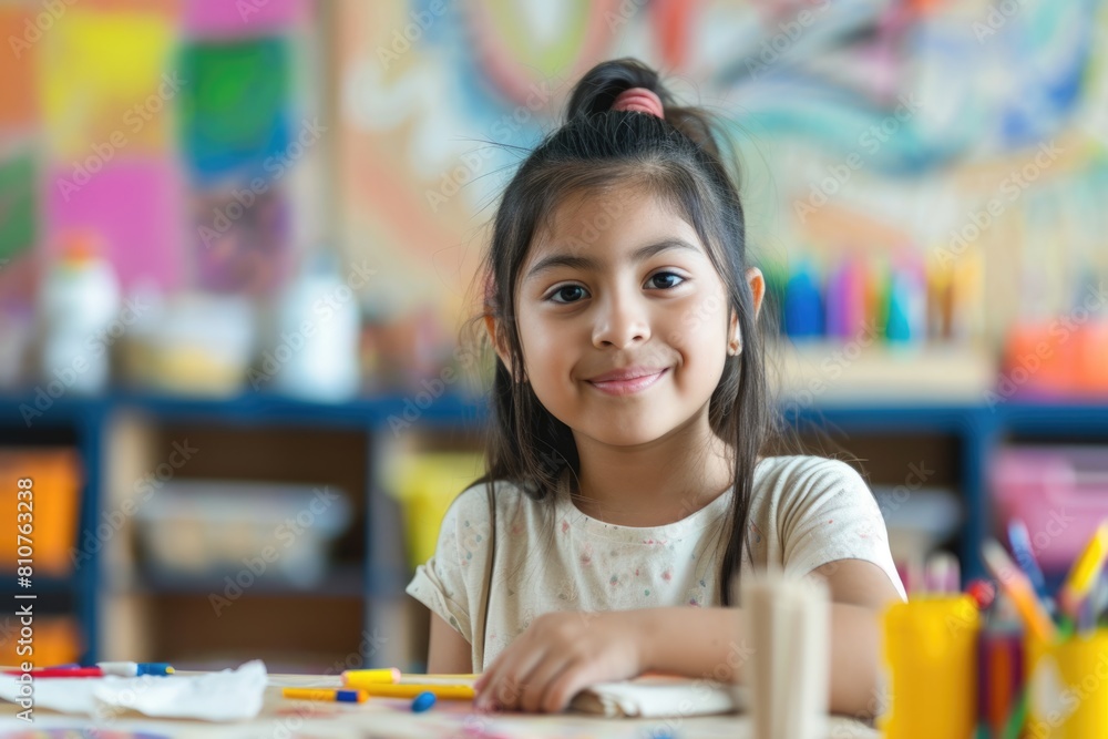 A Smiling Young Girl Working in an Art Room Fictional Character Created By Generative AI. A Smiling Young Girl Working in an Art Room Fictional Character Created By Generative AI.