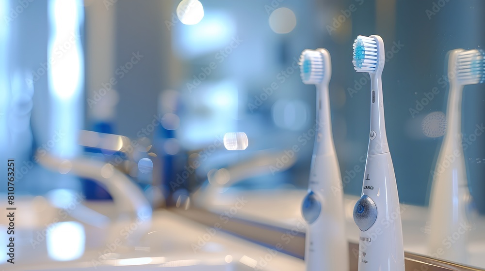 Close-up of electric toothbrushes in a modern bathroom. Two toothbrush heads standing on a sink countertop. Clean and hygienic home setting. Dental care routine focus. AI Close-up of electric toothbrushes in a modern bathroom. Two toothbrush heads standing on a sink countertop. Clean and hygienic home setting. Dental care routine focus. AI