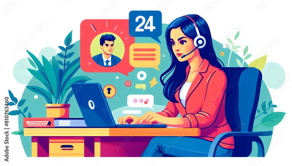 Round-the-Clock Customer Support, a dedicated customer support representative, a woman working at her desk with a headset, engaging with a client shown on her computer screen Round-the-Clock Customer Support, a dedicated customer support representative, a woman working at her desk with a headset, engaging with a client shown on her computer screen
