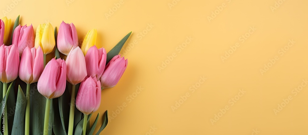 A copy space image showcasing a bouquet of pink and yellow tulips against a pink backdrop A copy space image showcasing a bouquet of pink and yellow tulips against a pink backdrop
