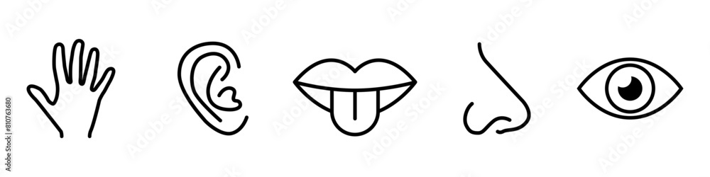 Human sense icon set. Five human senses icons. Sight smell hearing touch taste. Eye, nose, ear, hand, mouth with tongue sign. Vector Illustration. Human sense icon set. Five human senses icons. Sight smell hearing touch taste. Eye, nose, ear, hand, mouth with tongue sign. Vector Illustration.