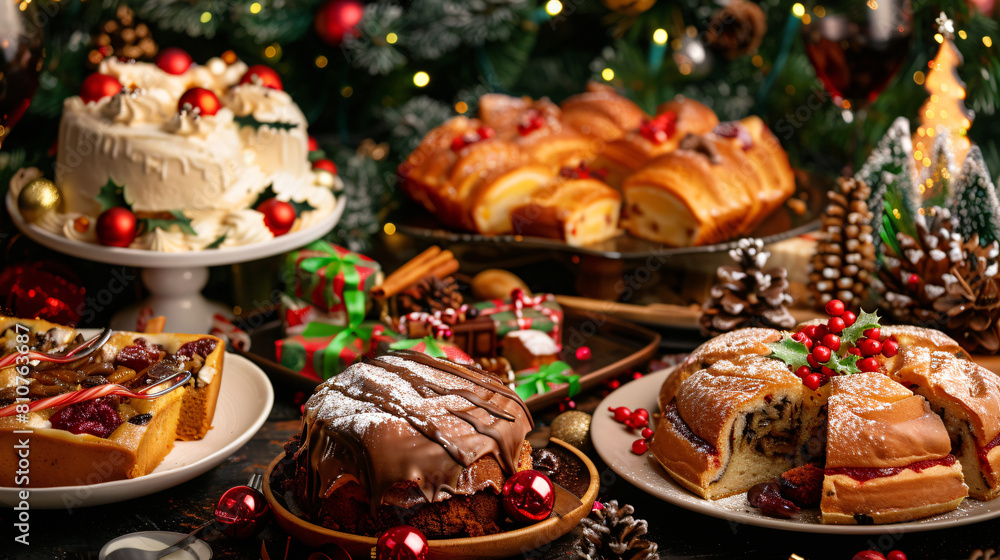 Different tasty dishes and cake for Christmas dinner 