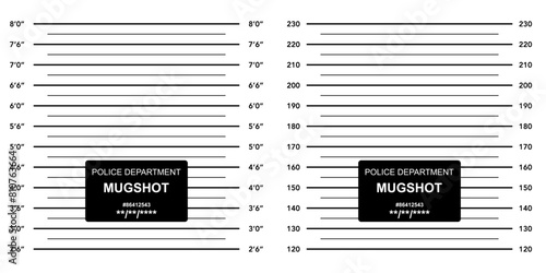 Police lineup mugshot background. Shotup photo for arrest. Police lineup background with inch and cm scale. Mugshot board template. Vector illustration.