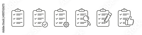 Clipboard icon set. Checklist with gear, checkmarks, magnifier, thumb up and pencil. Quality check sign. Technical support check list. Vector illustration. photo