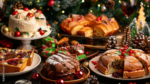 Different tasty dishes and cake for Christmas dinner 