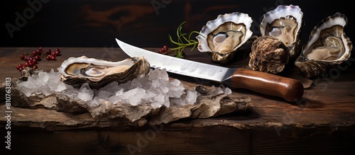 An image with a copy space showcases an open oyster and a knife all against a background of oysters photo