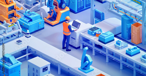 The elderly worker in the orange vest is standing on an industrial production line, holding a laptop and looking at it with joy while using a control panel to operate all of his machines.