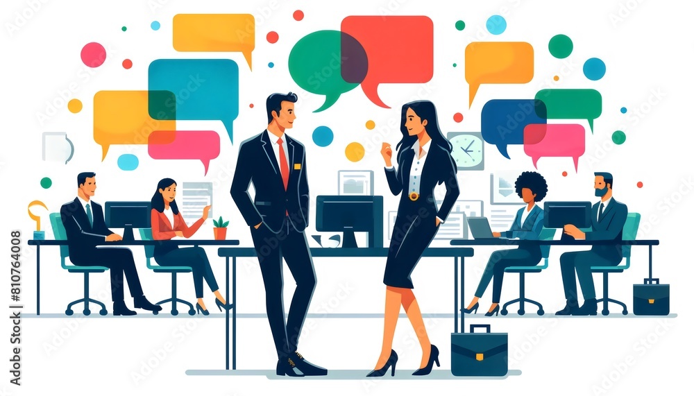 Strategic Corporate Dialogues, a professional setting where a man and a woman engage in a strategic conversation, surrounded by colleagues working at their desks Strategic Corporate Dialogues, a professional setting where a man and a woman engage in a strategic conversation, surrounded by colleagues working at their desks
