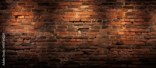 An aged dimly lit brick wall with a repetitive pattern providing space for copy or images. Creative banner. Copyspace image photo