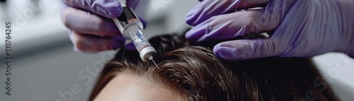 Cosmetologist performing plasma injections into the scalp of a woman, aiding in hair regeneration photo