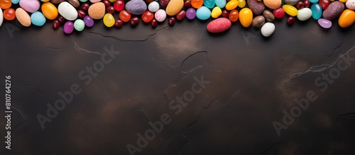 The top view of a stone table presents an Easter greeting card backdrop adorned with chocolate eggs and colorful candies leaving enough copy space for personal greetings photo