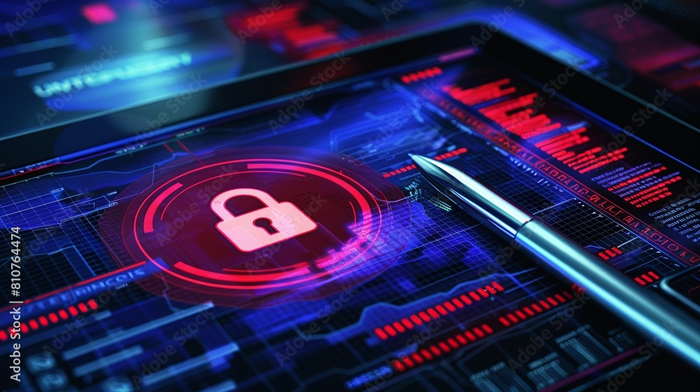 Esignature on a tablet using a digital pen, with a prominent secure lock icon for encryption and safety Esignature on a tablet using a digital pen, with a prominent secure lock icon for encryption and safety