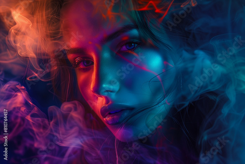 Glamour photography of a model in colorful smoke and lit with neon colors