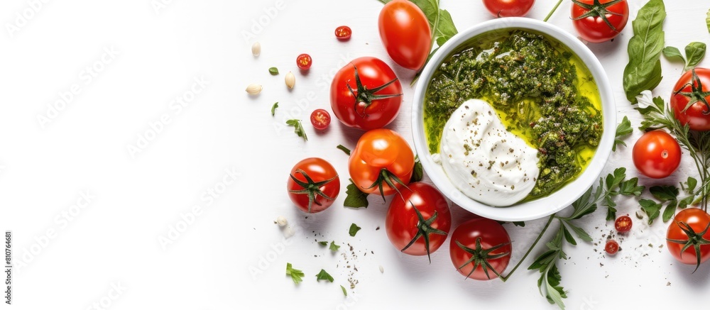 Top view of a bowl with a delicious burrata salad garnished with cherry tomatoes pesto spices and presented on a white background for a copy space image Top view of a bowl with a delicious burrata salad garnished with cherry tomatoes pesto spices and presented on a white background for a copy space image