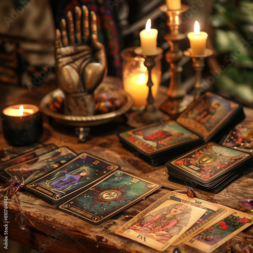 vintage vintage style deck of tarot cards. magical predictions of the future, mysterious characters. AI generated	
