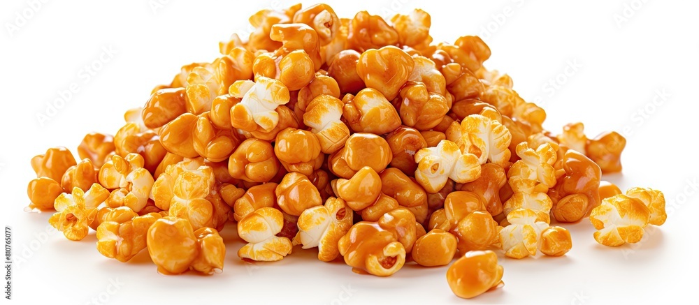 A heap of caramel popcorn sits atop a white background with plenty of room for additional elements in the image A heap of caramel popcorn sits atop a white background with plenty of room for additional elements in the image