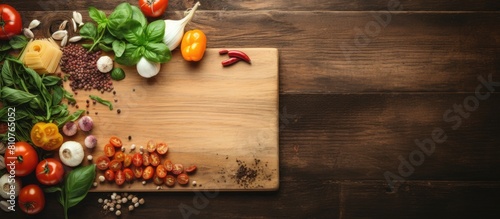 Wooden board with a top down view of vegetables scissors made of wood and pasta as ingredients Ideal for a copy space image
