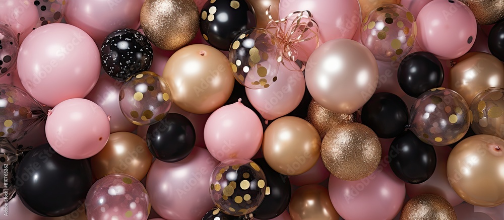 A top view copy space image of children party accessories in gold black and pink colors A top view copy space image of children party accessories in gold black and pink colors