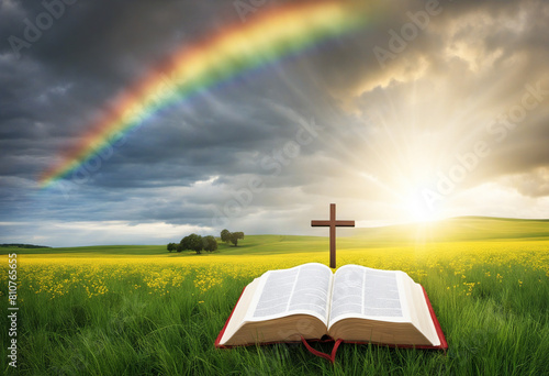 Bible book  sky  rainbow and cross of Jesus Christ  magical christian moment illustration 