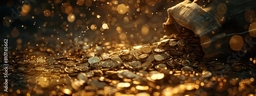 A large bag of gold coins is filled with golden light, shining brightly on the ground covered in many scattered small shiny metallic and yellow golden color copper coins. photo