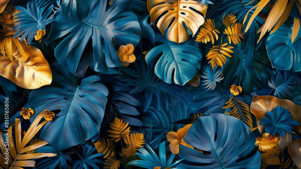 Close-up of Monstera leaves and lush ornamental plants, highlighted in gold and blue against a rainforest backdrop, invoking beach travel Close-up of Monstera leaves and lush ornamental plants, highlighted in gold and blue against a rainforest backdrop, invoking beach travel