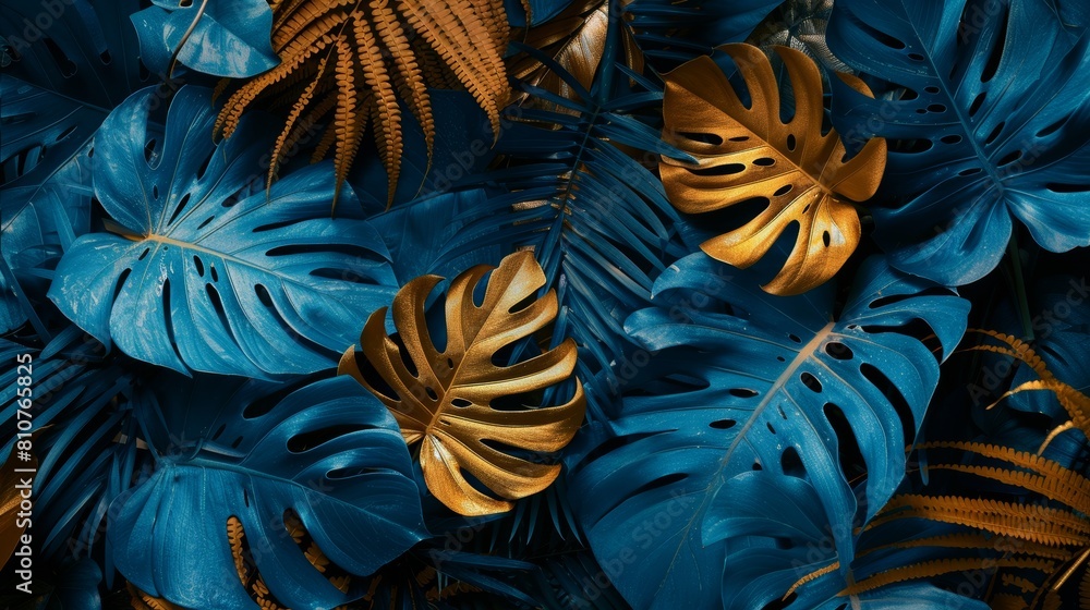 Close-up of Monstera leaves, blue and gold tones accentuating a lush backdrop of tropical ferns and ornamental plants, ideal for luxury travel Close-up of Monstera leaves, blue and gold tones accentuating a lush backdrop of tropical ferns and ornamental plants, ideal for luxury travel