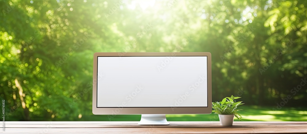A blank screen computer monitor sits on a wooden table against a blurred green summer backdrop offering ample copy space A blank screen computer monitor sits on a wooden table against a blurred green summer backdrop offering ample copy space