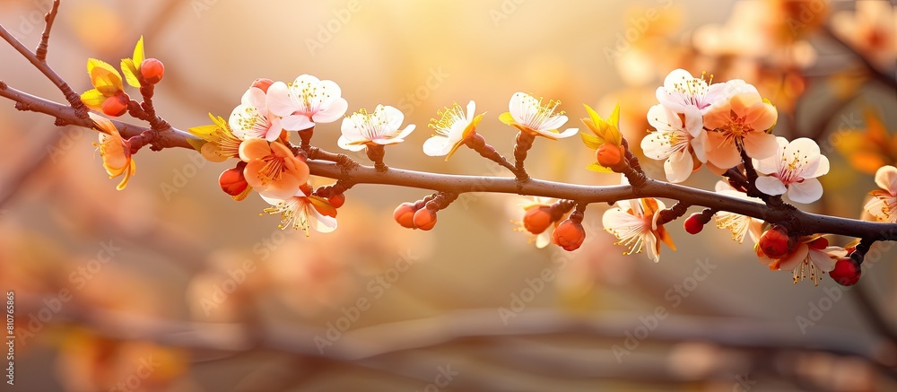 A beautiful nature scene showing an apricot tree in full bloom with spring flowers on the branches The image has a shallow depth of field creating a captivating and visually pleasing copy space image A beautiful nature scene showing an apricot tree in full bloom with spring flowers on the branches The image has a shallow depth of field creating a captivating and visually pleasing copy space image