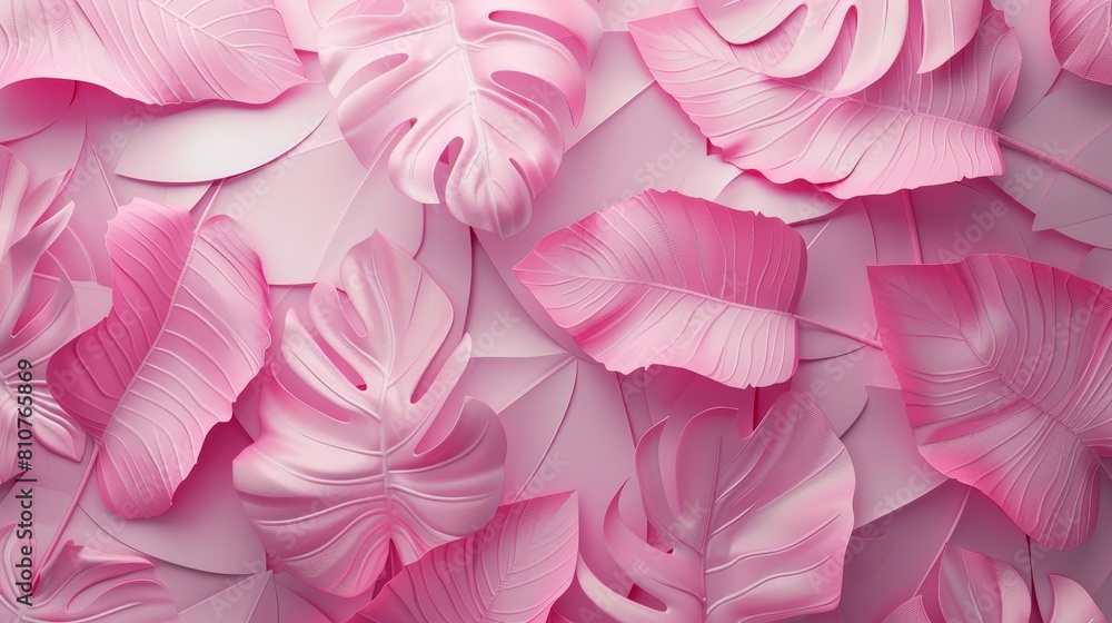 Abstract and detailed pattern of pink tropical leaves, layered for a 3D effect on a white-pink wall texture, under studio lighting