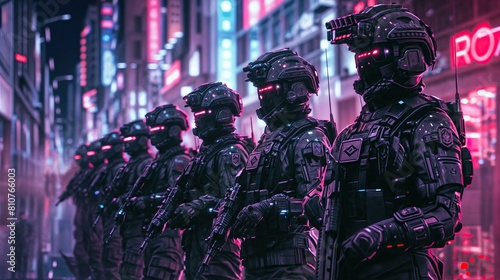 Futuristic SWAT team in neon-lit city, cyberpunk style photo