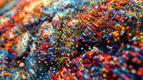 Vibrant and colorful extreme close-up macro photograph of a intricate patterns formed by a multitude of tiny spheres or beads, creating an abstract and texturized background with bokeh light effects. photo