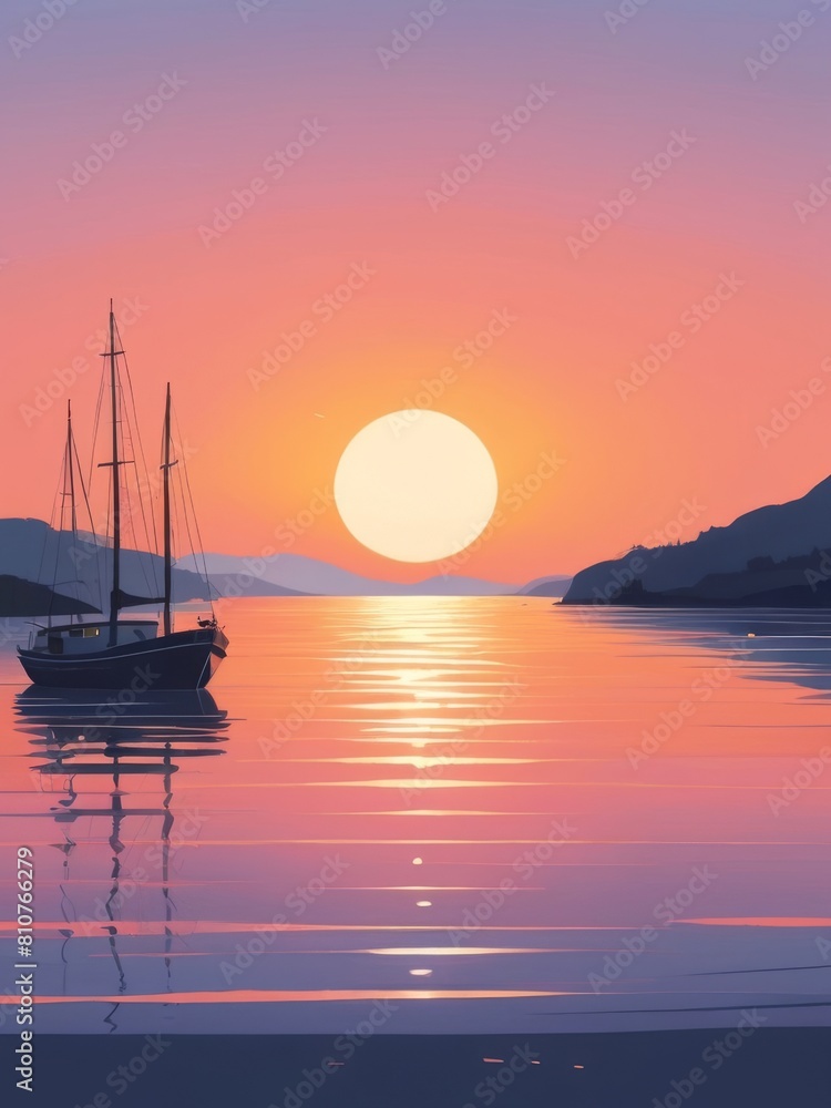 flat illustration of boat in the lake and sunset