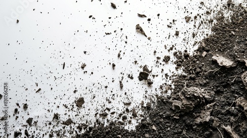 Artistic top view of soil dirt piles scattered on a white surface, showcasing flying dirt pieces in a detailed studio lighting setting