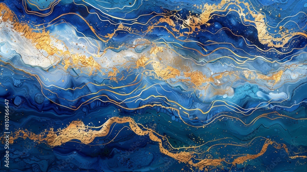 Captivating art painting of fairytale waves in blue and gold, magically blending to form enchanting patterns, perfect for kids' books