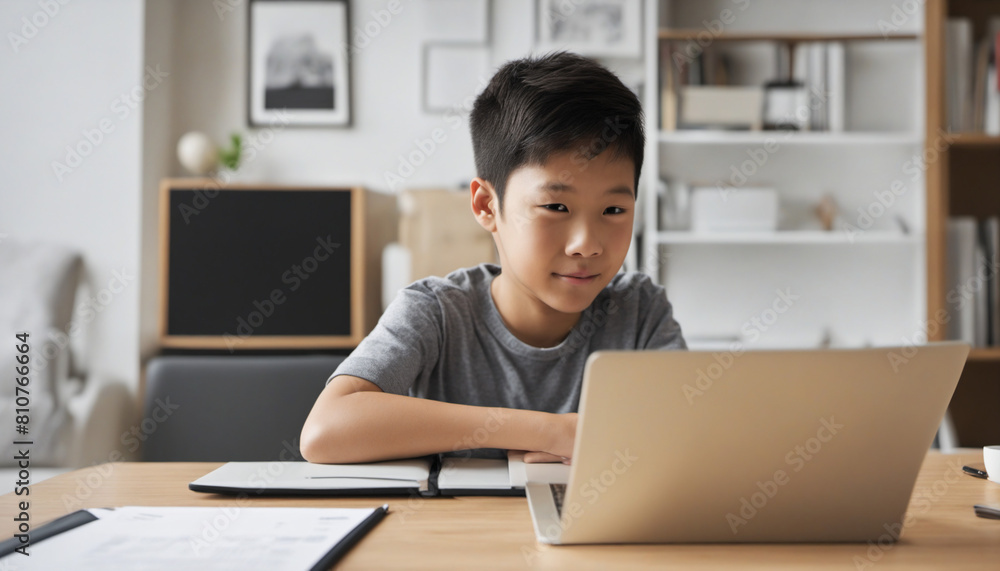 Child doing school internet online video lesson on laptop at home
Child doing school internet online video lesson on laptop at home