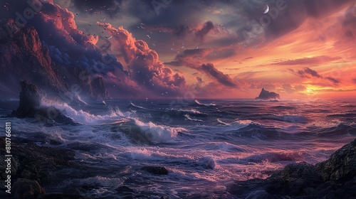 A fantasy seascape that transports you to a world of perpetual twilight. Generative Ai photo